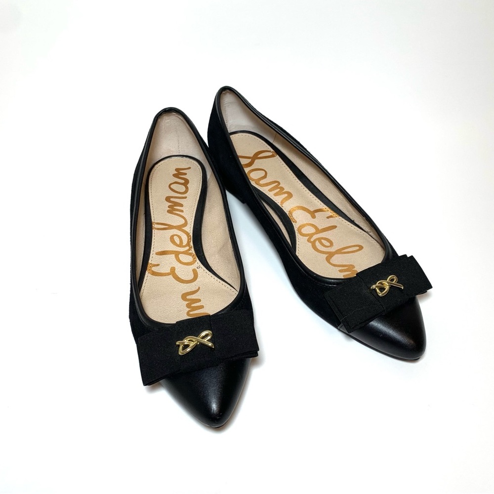 Sam Edelman Black Leather Flats ‘Lizzy’ Pointed Toe Cap Bow Detail